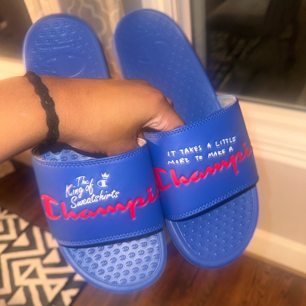 Blue Champion Slides with Red and White Accents Mens